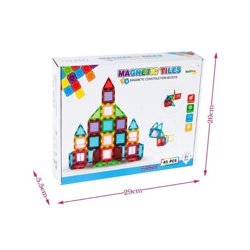 Магнитен конструктор MalPlay Magnetic Tiles, 45 части